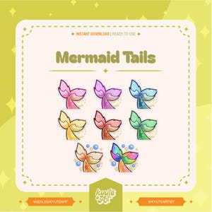 Puede incluir: Conjunto de ocho ilustraciones de colas de sirena en varios colores, incluyendo rosa, azul, verde, amarillo y naranja. Cada cola tiene un detalle de perla y está rodeada de burbujas. El texto "Mermaid Tails" está en la parte superior de la imagen.