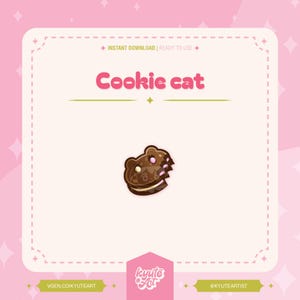 以下が含まれることがあります： 茶色とピンクのクッキー猫のイラスト。上に「Cookie cat」、下に「kyute art」の文字が書かれている。