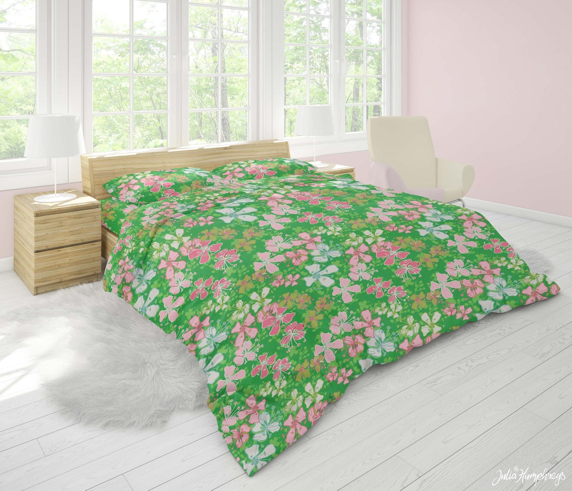 Floral duvet cover in green and pink contemporary floral Etsy