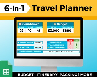 6-in-1 Travel Planning Spreadsheet Itinerary Template for Trip , Vacation Planner , Packing List & Budget Template For Holiday Or Road Trip