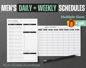 2-in-1 Printable Men’s Daily + Weekly Planner - Best Hourly Day & Week Planners for Men Goals,  Fridge Agenda 2 Page Customize PDF Template