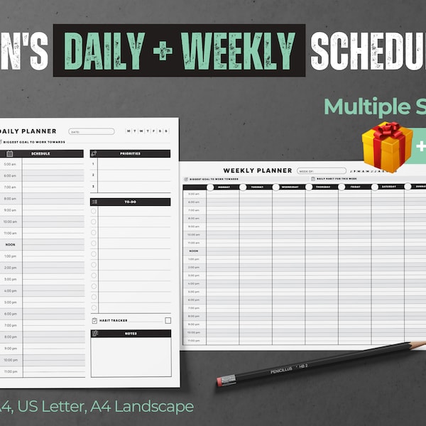 2-in-1 Printable Men’s Daily + Weekly Planner - Best Hourly Day & Week Planners for Men Goals,  Fridge Agenda 2 Page Customize PDF Template