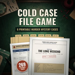 Op de afbeelding: Een cold case spelset met zes printbare moordmysteriezaken. De documenten bevatten een vergelijkingstabel voor verdachten en een dossier getiteld The Long Weekend van het Fenmore County Sheriff's Office, in totaal 269 speelbare pagina's.