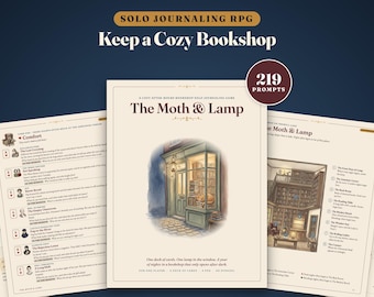 May include: A solo journaling RPG titled The Moth & Lamp, featuring a cream-colored cover with a watercolor illustration of a bookshop exterior. The game includes 219 prompts, a deck of cards, and interior pages showing gameplay instructions.