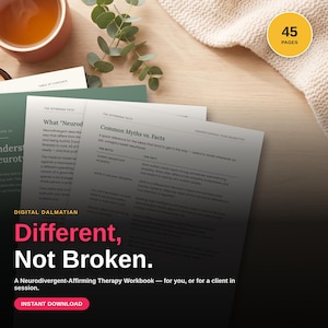 Peut inclure: Un cahier d'exercices de thérapie de 45 pages intitulé Different, Not Broken, comprenant des sections sur la neurodivergence, les mythes et faits courants, et la compréhension de la neurodiversité, imprimé sur des feuilles de papier blanc.