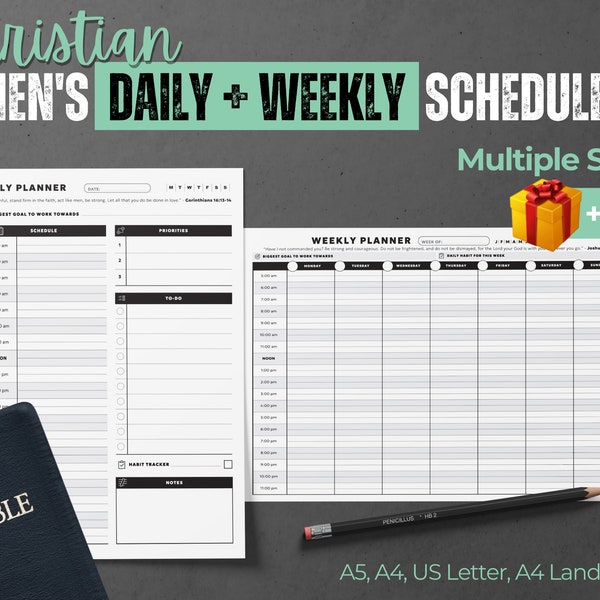 Printable Christian Men’s 2-in-1 Daily & Weekly Planner - Best Day By Hour Planners for Men - Customize Agenda Calendar PDF Page Template