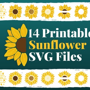 Puede incluir: 14 archivos SVG de girasol imprimibles. La imagen muestra una variedad de diseños de girasol, incluyendo un girasol con el texto "She's sunshine mixed with a little hurricane".