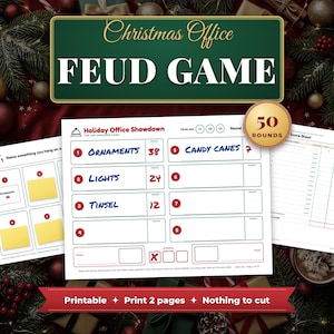 Puede incluir: Un juego imprimible de Christmas Office Feud que incluye una tarjeta de título, un tablero con espacios numerados para respuestas y una hoja de puntuación. El tablero muestra el texto Holiday Office Showdown y 50 rondas. Diseño blanco con detalles en rojo y verde.