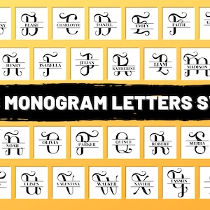May include: A set of 26 monogram letters in black and white, each letter is displayed in a square with a name underneath. The letters are stylized with a split line through the middle. The letters are A through Z. The background is yellow.