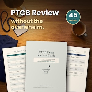 May include: A PTCB Exam Review Guide with 45 printable pages for the Pharmacy Technician Certification Exam. The cover features a mortar and pestle icon, with additional pages showing drug classes and schedules I to V on a wooden desk.