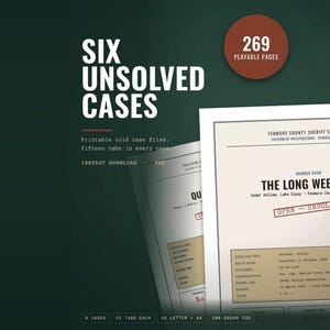 Cold Case File Game, 6 Printable Murder Mystery Cases | Detective Kit for Game Night, Unsolved Crime Files, Instant Download Bundle