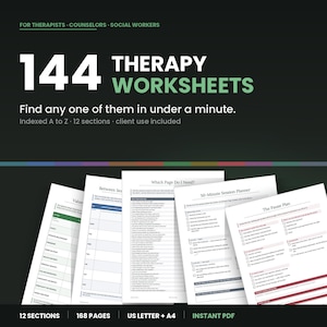 Può includere: Una raccolta digitale di 144 schede di terapia per terapeuti, consulenti e assistenti sociali. Il documento include 12 sezioni, 168 pagine ed è disponibile nei formati US Letter e A4. Le pagine presentano titoli come The Pause Plan.