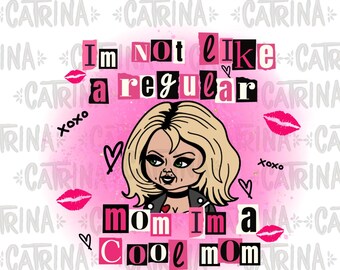 Könnte beinhalten: Pinkes und weißes digitales Design mit einer Cartoon-Abbildung einer Frau mit blonden Haaren und einer schwarzen Lederjacke. Der Text "Ich bin nicht wie eine normale Mama, ich bin eine coole Mama" ist in Collage-Stil mit pinken und weißen Buchstaben geschrieben.