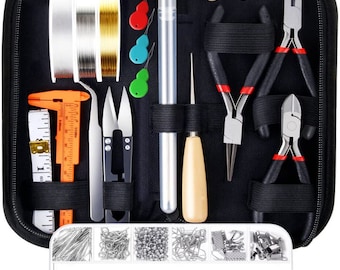 May include: A black zippered case containing jewelry-making tools and supplies. Includes pliers, scissors, wire, measuring tape, needles, and a clear plastic organizer with various metal findings like clasps, jump rings, and beads. A comprehensive kit for crafting.