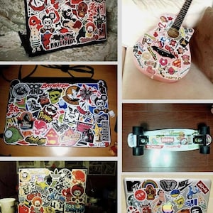 May include: A collection of images showcasing various items covered in colorful stickers. Featured items include laptops, a pink guitar, and a skateboard, all adorned with diverse graphics and logos. The stickers add a personalized, artistic touch.