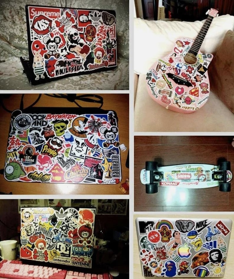 May include: A collection of images showcasing various items covered in colorful stickers. Featured items include laptops, a pink guitar, and a skateboard, all adorned with diverse graphics and logos. The stickers add a personalized, artistic touch.