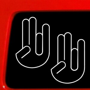 May include: Two white outline hand gestures, each forming the 'shaka' sign, against a black background. The hands are positioned in a mirrored arrangement, with the thumb and pinky extended. The image is set against a red backdrop.