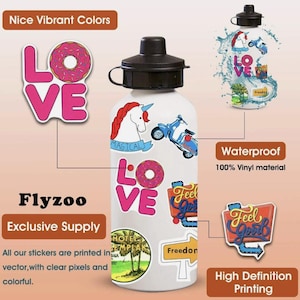 May include: White water bottle with a black cap, adorned with colorful stickers. The stickers include the word "LOVE" with a donut, a unicorn, a scooter, and the words "Feel Good". The bottle is labeled "Flyzoo" and is made of waterproof vinyl.