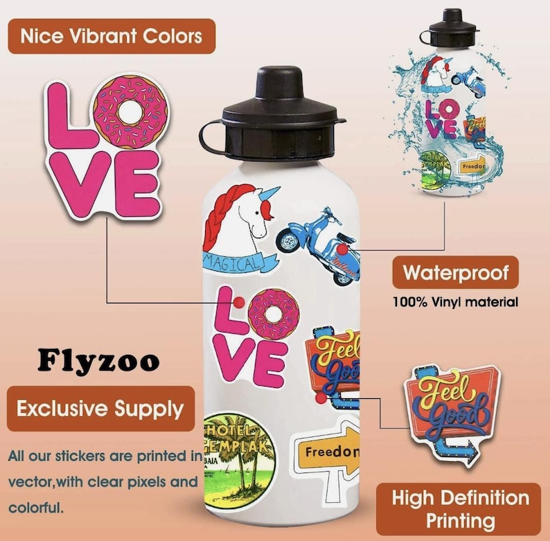 May include: White water bottle with a black cap, adorned with colorful stickers. The stickers include the word "LOVE" with a donut, a unicorn, a scooter, and the words "Feel Good". The bottle is labeled "Flyzoo" and is made of waterproof vinyl.