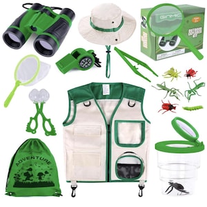 May include: An outdoor explorer kit with green and white accessories. Includes binoculars, a hat, a vest, a magnifying glass, a bug catcher, a net, and toy insects. A green drawstring bag with the word "ADVENTURE" is also included.
