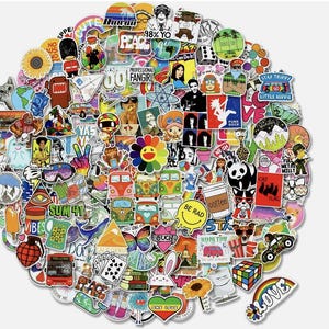 May include: A collection of colorful stickers with various designs, including a sunflower, a peace sign, a rainbow, and the text "LOVE". The stickers feature diverse themes, such as music, nature, and pop culture.