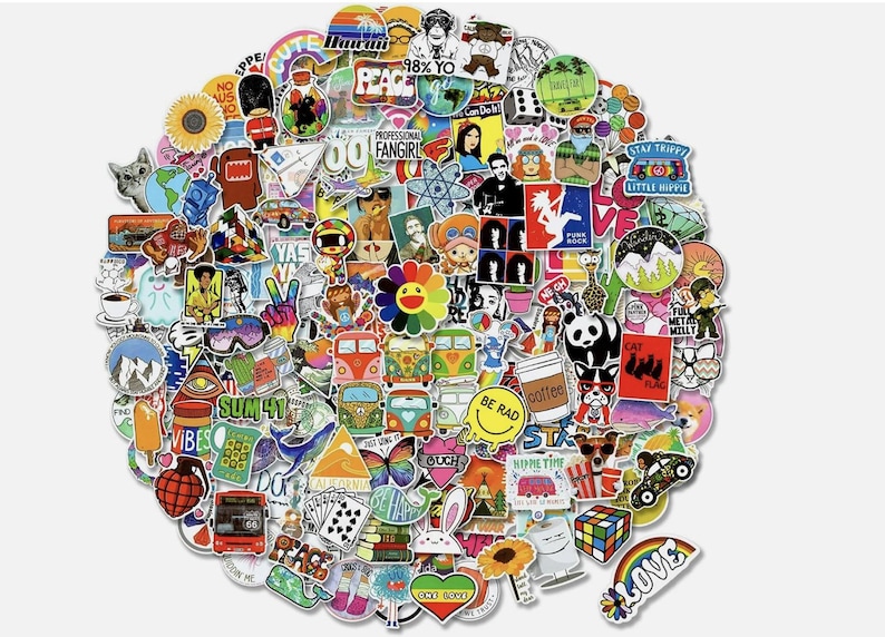 May include: A collection of colorful stickers with various designs, including a sunflower, a peace sign, a rainbow, and the text "LOVE". The stickers feature diverse themes, such as music, nature, and pop culture.
