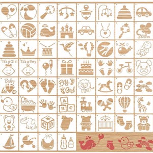 May include: A collection of wooden baby-themed stencils. Designs include baby toys, clothing, and phrases like "It's a Girl" and "It's a Boy." The stencils are arranged in a grid pattern, perfect for crafting projects. The stencils are light brown in color.