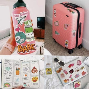 May include: A collage of items featuring stickers. A pink water bottle with stickers that say "Keep Flying" and "Babe". A pink suitcase with stickers. A notebook with drawings and text. A laptop, phone, and sunglasses with stickers.