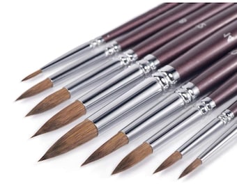 May include: A collection of artist paint brushes with brown bristles, silver ferrules, and dark brown wooden handles. The brushes are arranged diagonally, showcasing their varying sizes and shapes, ideal for painting and art projects.