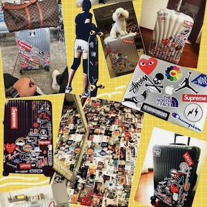 May include: A collage of travel luggage and accessories, including a brown duffel bag, a silver suitcase with Supreme stickers, and a black suitcase with various brand stickers. A laptop covered in stickers is also visible.