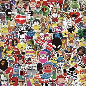 May include: A collection of colorful stickers featuring various cartoon characters, logos, and pop culture references. Includes images of superheroes, cartoon characters, and the Supreme logo. The stickers are arranged closely together.