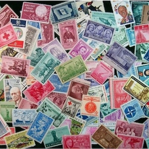 May include: A collection of colorful vintage postage stamps, featuring various designs and denominations. The stamps depict portraits, historical figures, landmarks, and thematic illustrations. The stamps are arranged on a dark background.