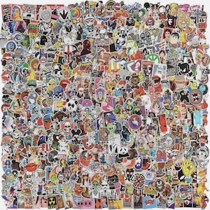 May include: A large collection of colorful stickers with various designs, including cartoon characters, skulls, and pop culture references. The stickers are arranged closely together, creating a dense, eye-catching pattern.