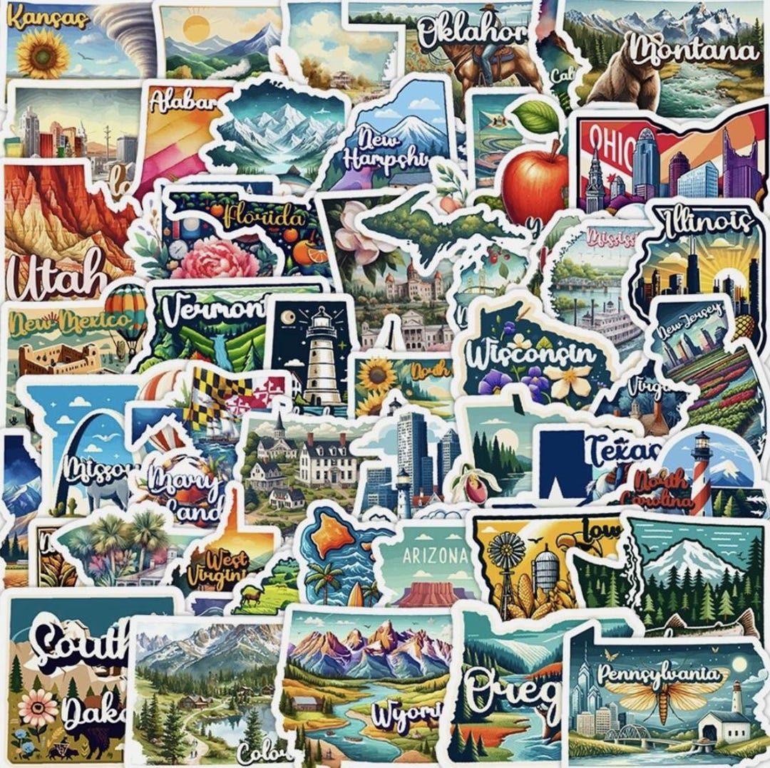 50pcs USA 50 States Waterproof Stickers | Travel City Clipart Vinyl ...