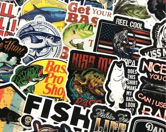 May include: A collection of colorful fishing-themed stickers with various designs. The stickers feature images of fish, fishing rods, and text like "Get Your Bass" and "Reel Cool". The stickers are in various shapes and sizes.