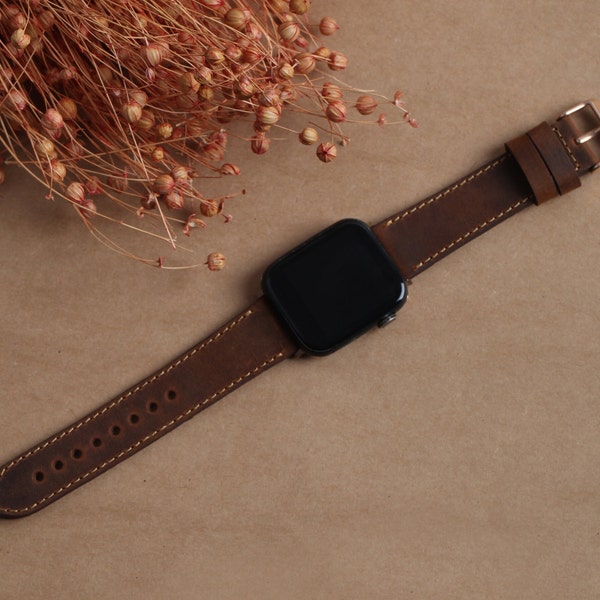 Apple Brown  Leather 1-9 Watch Band, Hand Made Leather Cuff Apple i-Watch Band,Gift For Men Watch Band, Christmas Gift,38/40/42/44/45/46 mm