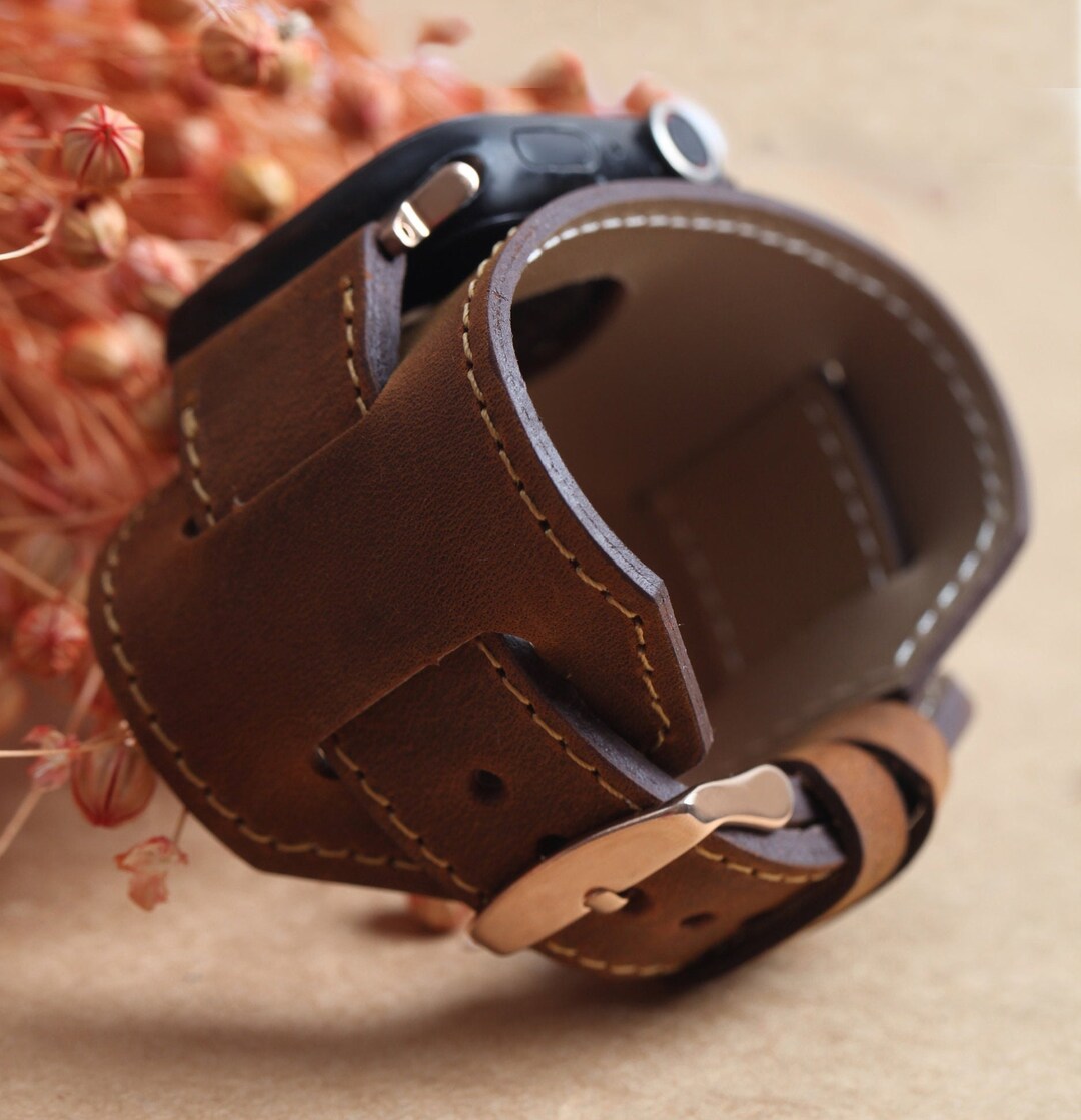 Apple Brown Leather 19 Watch Band, Hand Made Leather Cuff Apple I