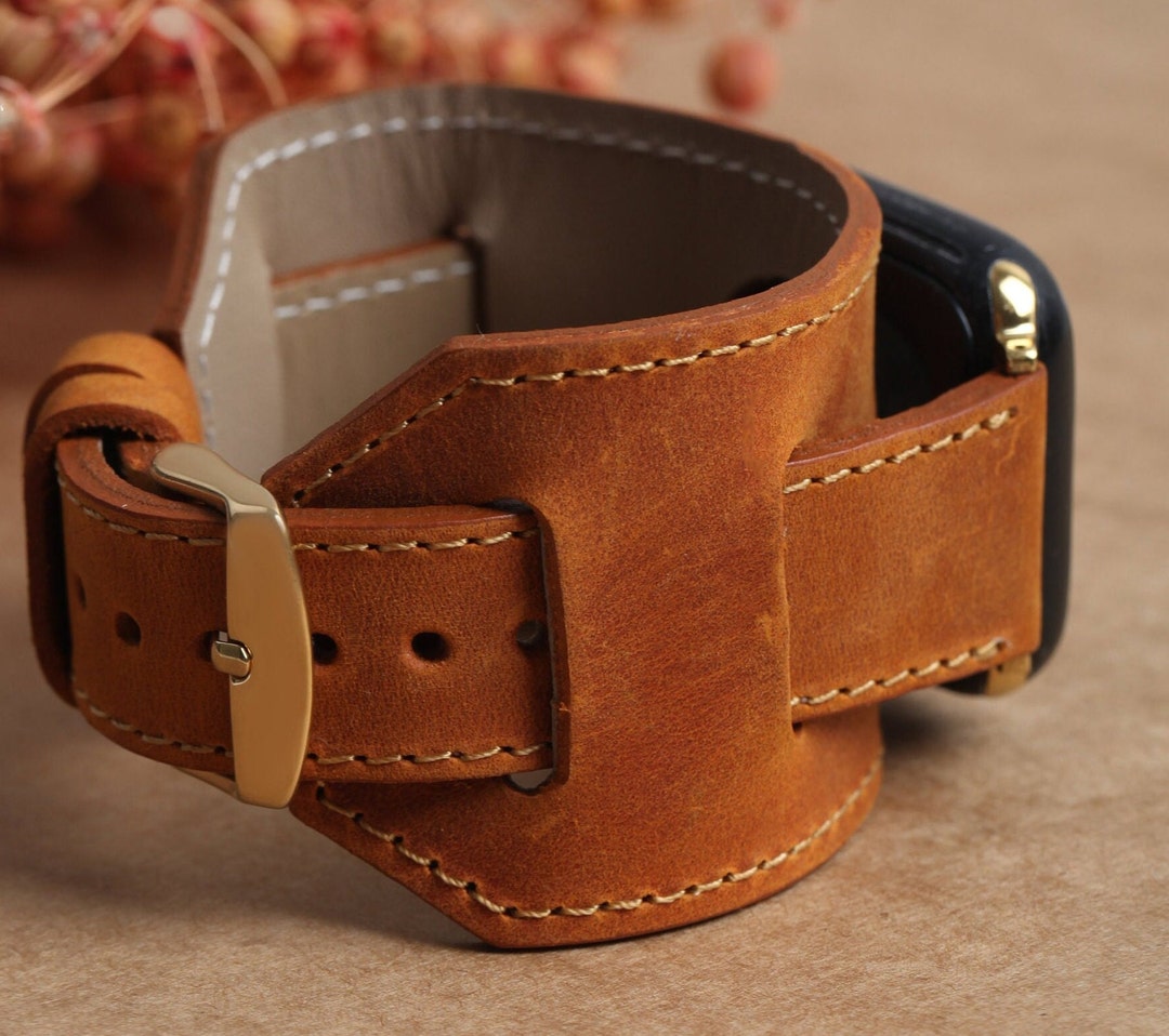 Apple Tan Leather Watch Band, Hand Made Leather Cuff Apple Iwatch Band