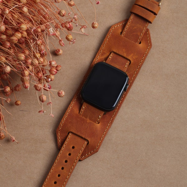 Apple Tan Leather  Watch Band, Hand Made Leather Cuff Apple i-Watch Band, Gift For Men Watch Band, Christmas Gift, 38/40/41 mm, 42/44/45 mm