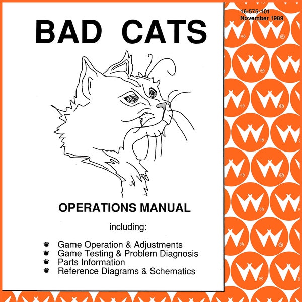 Bad Cats Pinball Coin-Op Amusement Arcade Machine COMPLETE Instruction/Operation/Service/Repair Manual Williams Electronics Games PPS 9B/SB