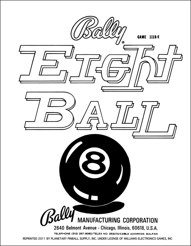 Eight 8 Ball Pinball Game Coinop Amusement Arcade Machine COMPLETE Operations/service/repair