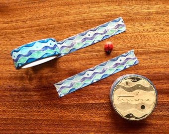 Ocean waves washi tape, blue watercolor decorative tape,  10m long x 15mm wide