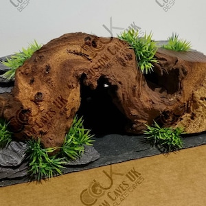 Slate cave with piece of mapoli wood. Aquarium, terrarium, Reptiles,leopard gecko, fish. All designs vary.