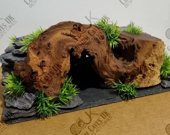 Slate cave with piece of mapoli wood. Aquarium, terrarium, Reptiles,leopard gecko, fish. All designs vary.