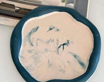 Marbled Jesmonite Jewelry Dish: Bone White & Blue Trinket Tray