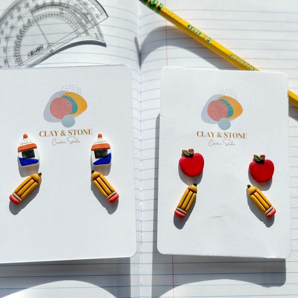 Teacher gift| teacher earrings| stud set| clay earrings| dainty earrings| pencil earrings| unique gift for kindergarten teacher|