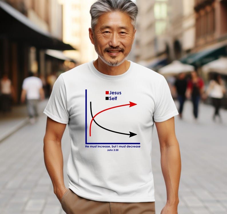 Puede incluir: Camiseta blanca con un gr&aacute;fico que muestra una l&iacute;nea roja ascendente y una l&iacute;nea negra descendente, con las palabras "Jes&uacute;s" y "Yo". Tambi&eacute;n se ve el texto "Es necesario que &eacute;l crezca, y que yo disminuya Juan 3:30".