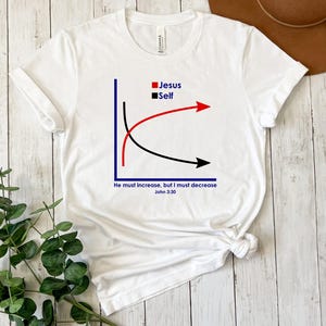 Puede incluir: Camiseta blanca con un gr&aacute;fico en rojo y negro, con las palabras "Jes&uacute;s" y "Yo". El texto "Es necesario que &eacute;l crezca, y que yo disminuya Juan 3:30" est&aacute; impreso debajo. La camiseta es de material suave.