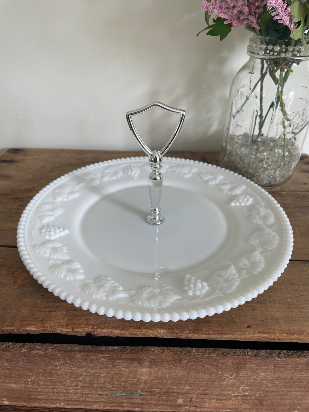 Vintage Milk Glass Serving Tray Grapes and Vines Design Etsy