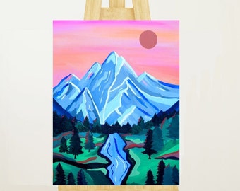 May include: A painting of a mountain range with a blue river flowing through a valley. The sky is pink and there is a large pink sun in the upper right corner.